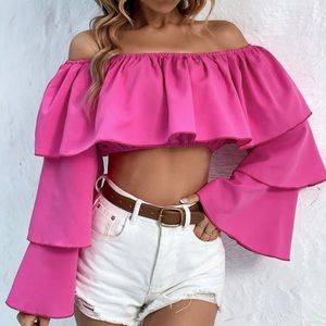 Off Shoulder Ruffle Trim Flounce Sleeve Crop Top